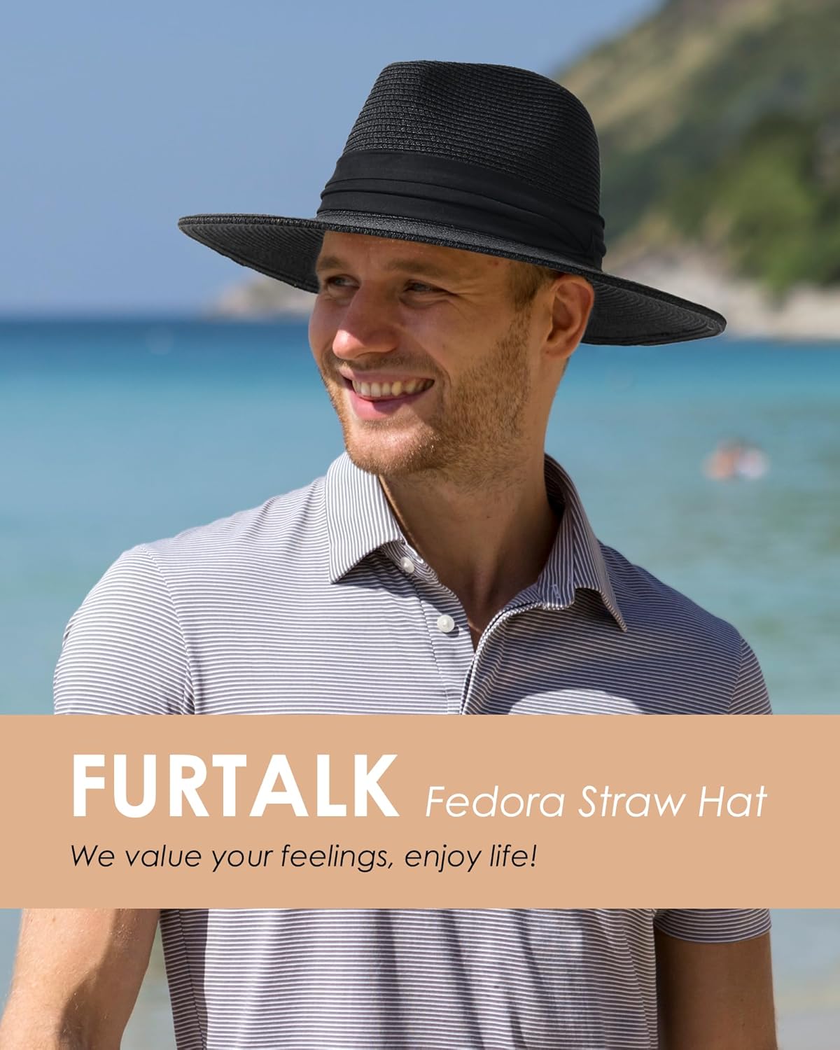 FURTALK Panama Hat Sun Hats for Women Men Wide Brim Fedora Straw Beach Hat UV UPF 80+