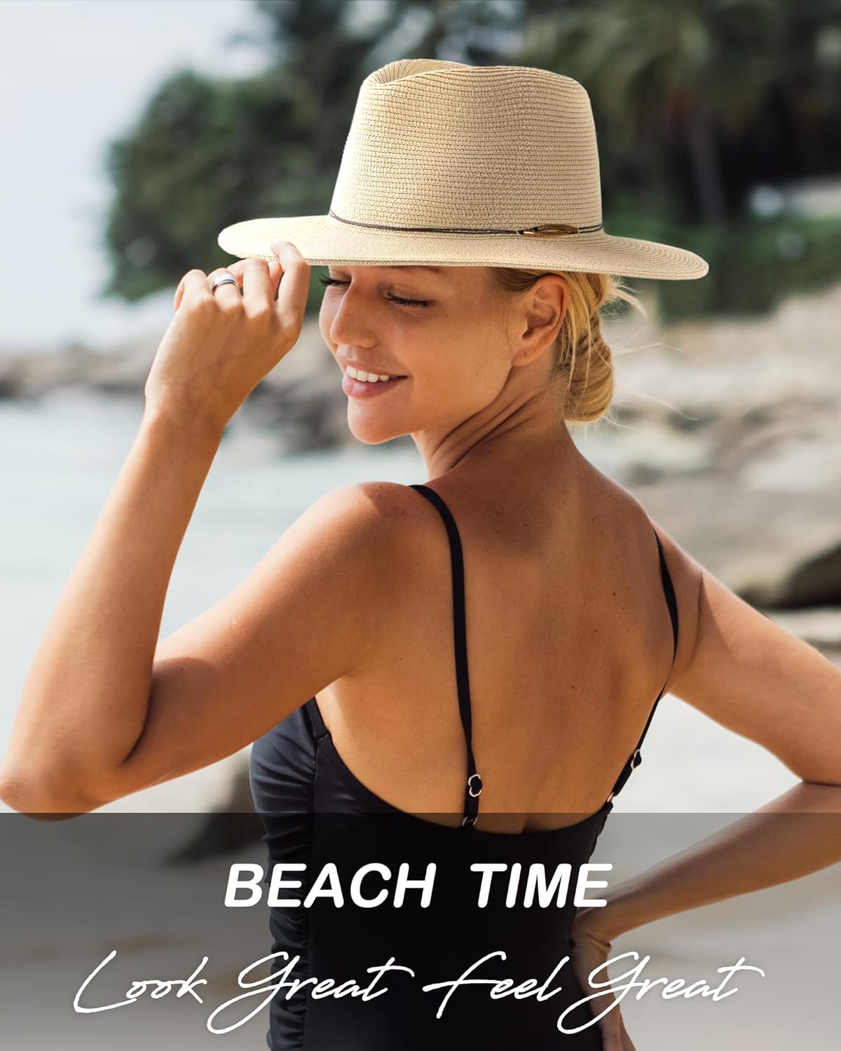 FURTALK Panama Hat Sun Hats for Women Men Wide Brim Fedora Straw Beach Hat UV UPF 80+