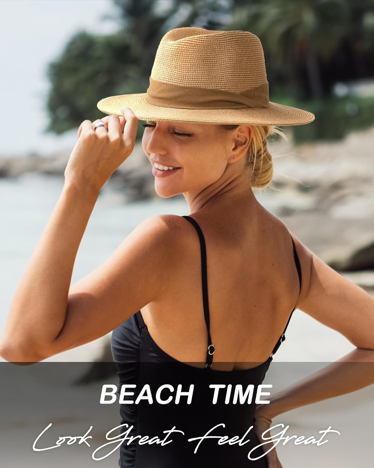 FURTALK Panama Hat Sun Hats for Women Men Wide Brim Fedora Straw Beach Hat UV UPF 80+