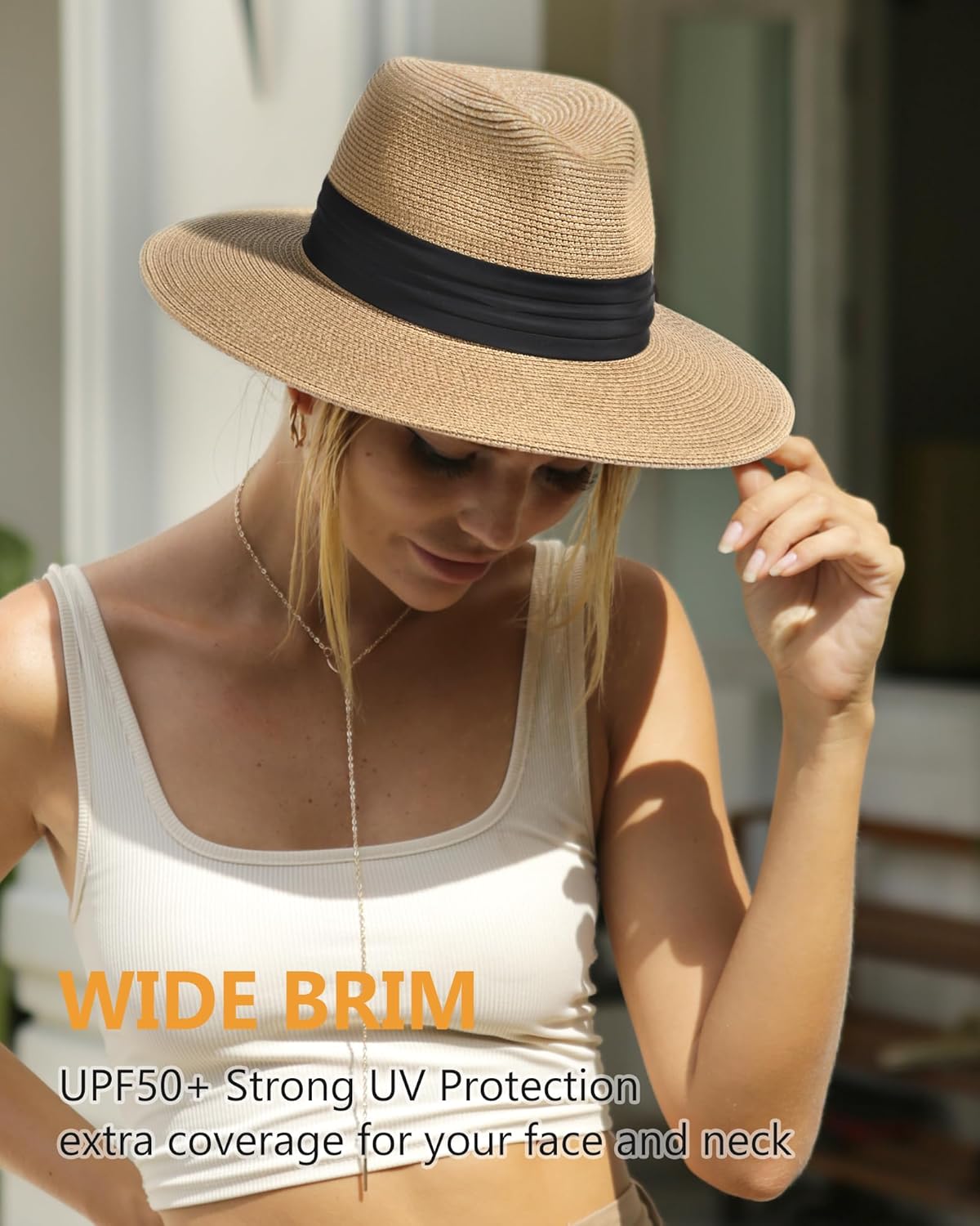 FURTALK Panama Hat Sun Hats for Women Men Wide Brim Fedora Straw Beach Hat UV UPF 80+