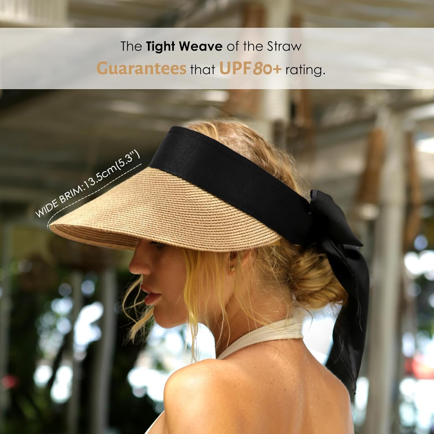 FURTALK Straw Sun Visor Hats for Women Summer Beach Sun Hat Packable UPF 80 Sun Protection Travel Hat with Big Tie