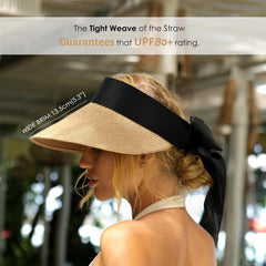 FURTALK Straw Sun Visor Hats for Women Summer Beach Sun Hat Packable UPF 80 Sun Protection Travel Hat with Big Tie