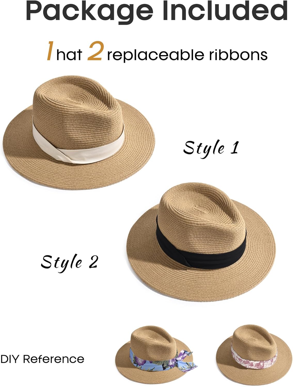 FURTALK Panama Hat Sun Hats for Women Men Wide Brim Fedora Straw Beach Hat UV UPF 80+
