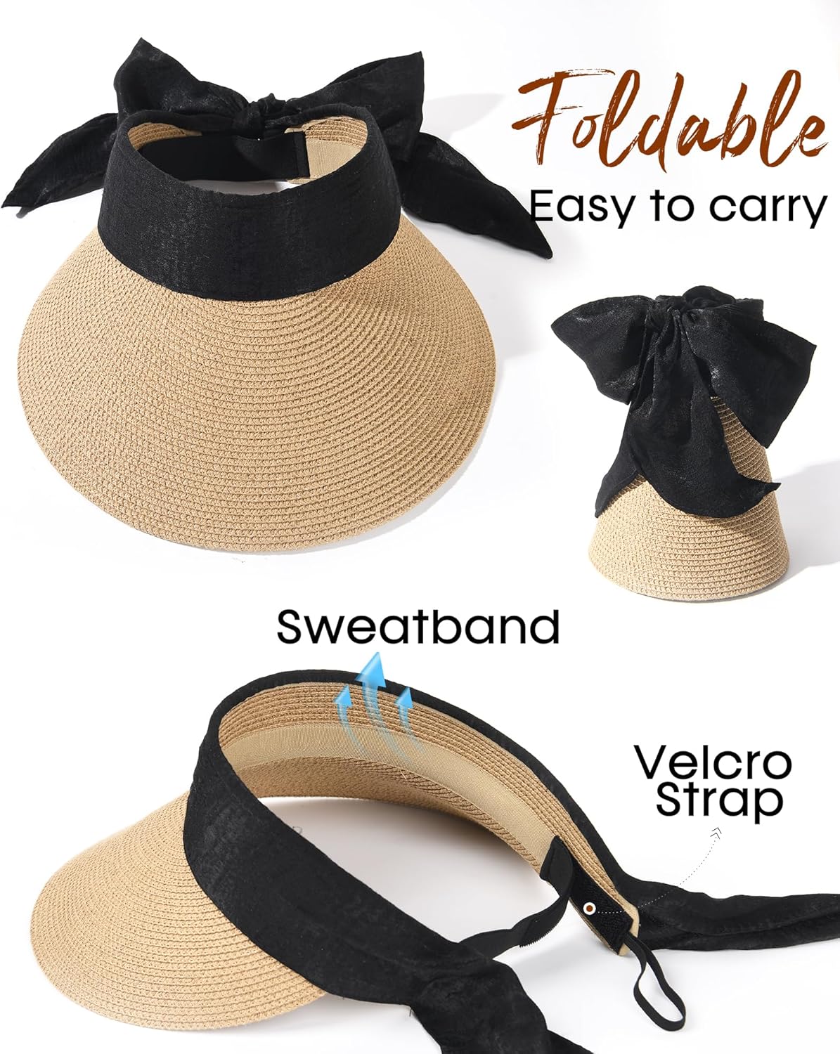 FURTALK Straw Sun Visor Hats for Women Summer Beach Sun Hat Packable UPF 80 Sun Protection Travel Hat with Big Tie