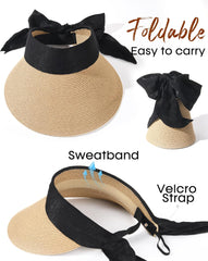 FURTALK Straw Sun Visor Hats for Women Summer Beach Sun Hat Packable UPF 80 Sun Protection Travel Hat with Big Tie