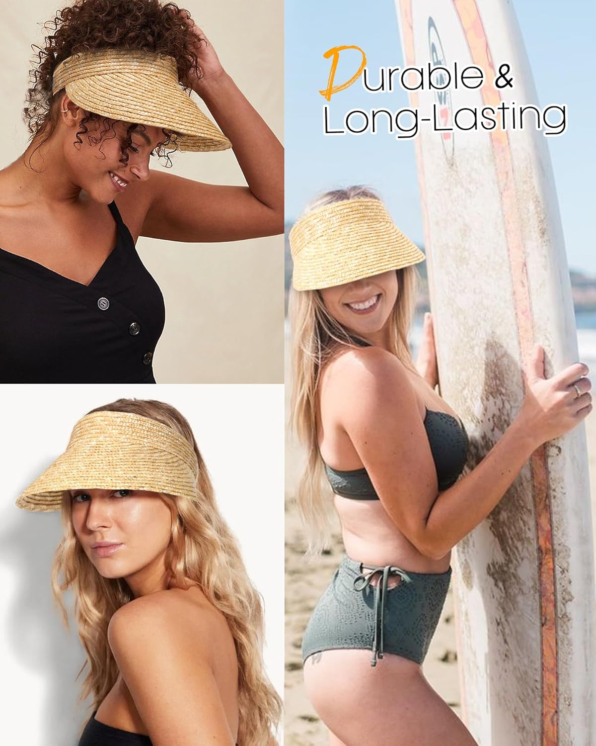 FURTALK Womens Straw Sun Visor Hats Wide Brim UV Protection Summer Beach Hat Roll Up Ponytail Travel Sun Hat