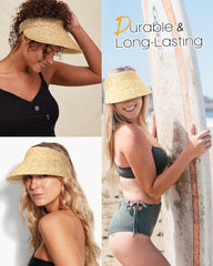 FURTALK Womens Straw Sun Visor Hats Wide Brim UV Protection Summer Beach Hat Roll Up Ponytail Travel Sun Hat
