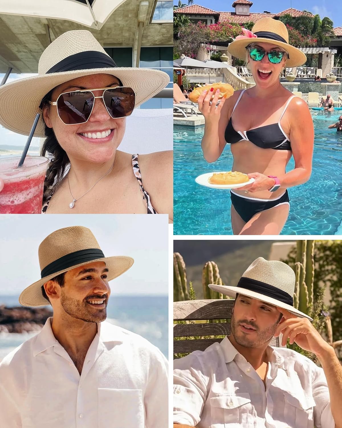 FURTALK Panama Hat Sun Hats for Women Men Wide Brim Fedora Straw Beach Hat UV UPF 80+