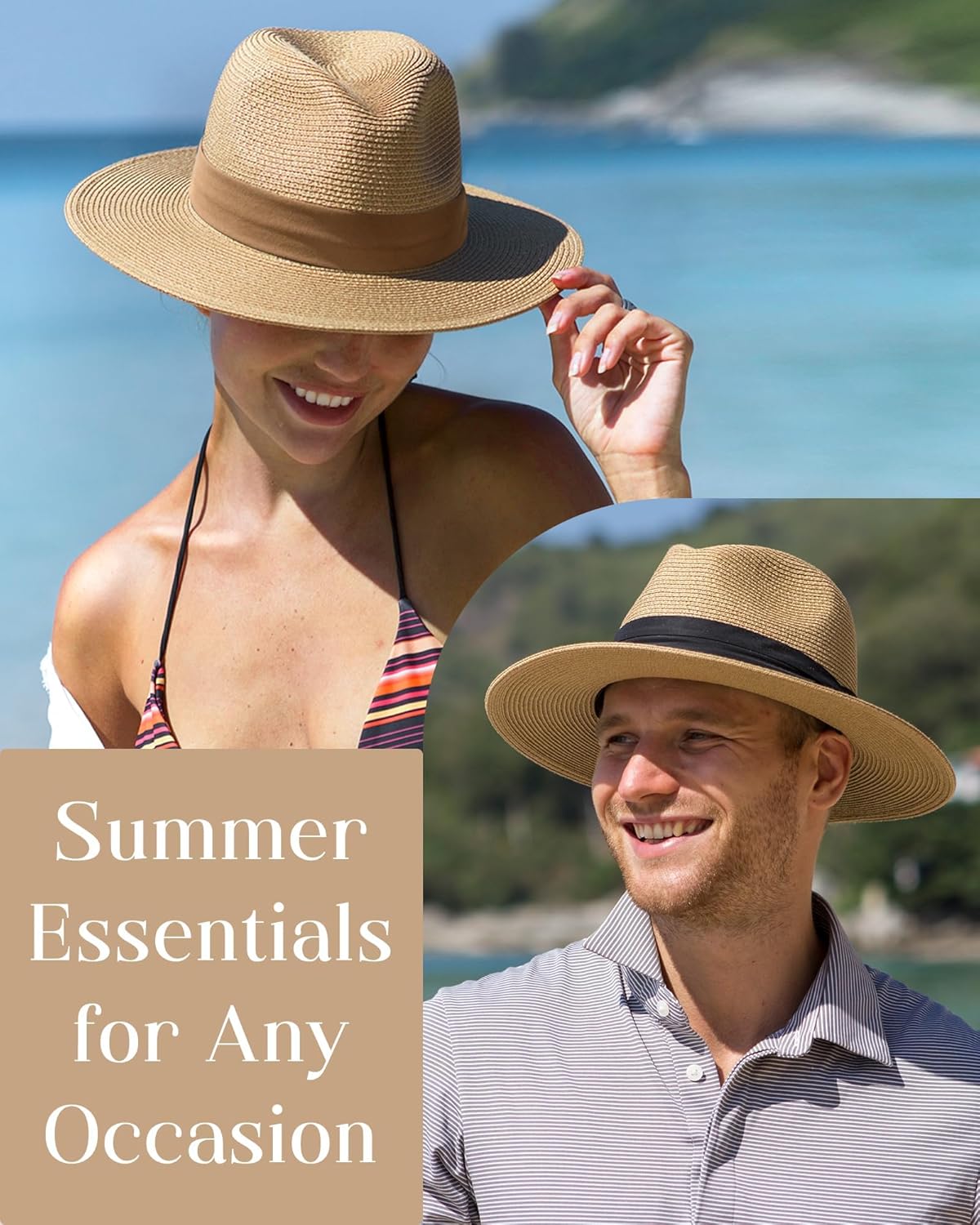 FURTALK Panama Hat Sun Hats for Women Men Wide Brim Fedora Straw Beach Hat UV UPF 80+