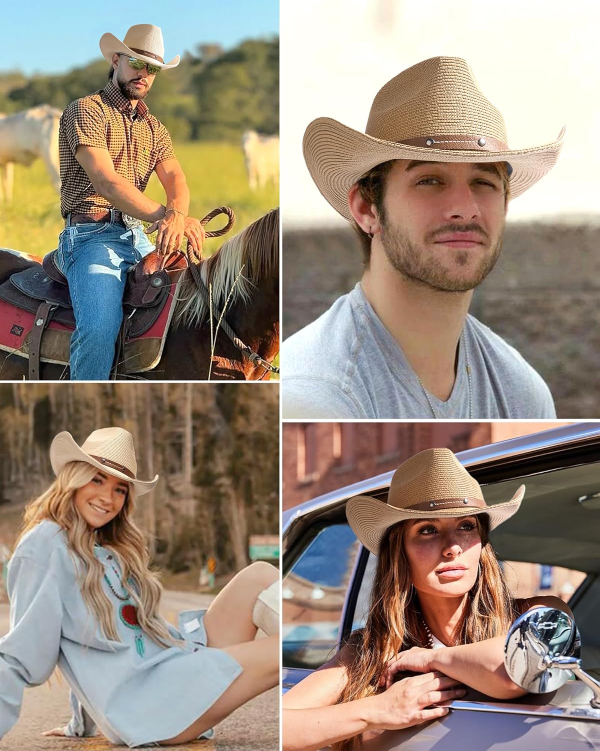 FURTALK Straw Cowboy Sun Hats for Women Men Western Cowgirl Hats with Wind Lanyard UPF 80+ Beach Hat