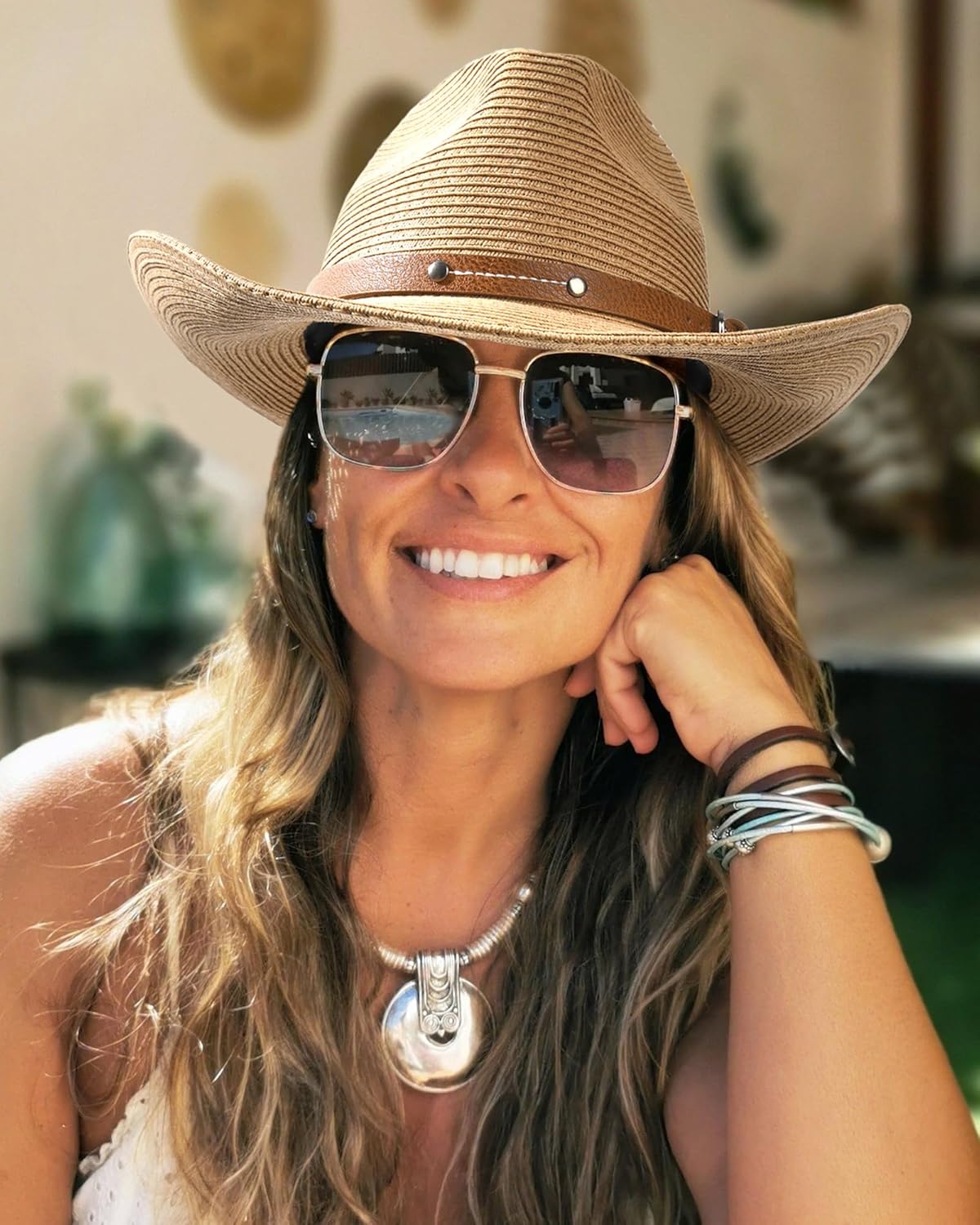 FURTALK Straw Cowboy Sun Hats for Women Men Western Cowgirl Hats with Wind Lanyard UPF 80+ Beach Hat