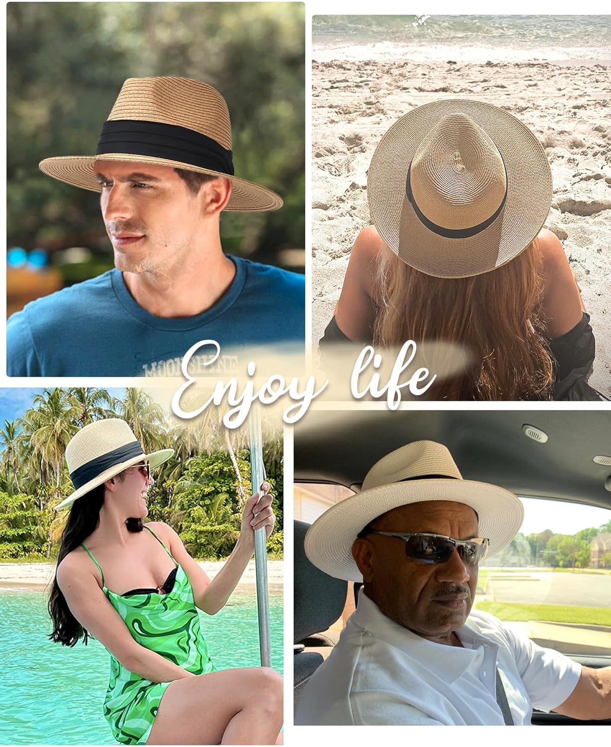 FURTALK Panama Hat Sun Hats for Women Men Wide Brim Fedora Straw Beach Hat UV UPF 80+