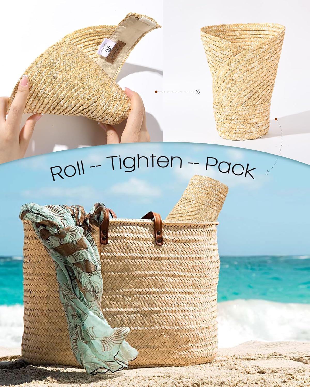 FURTALK Womens Straw Sun Visor Hats Wide Brim UV Protection Summer Beach Hat Roll Up Ponytail Travel Sun Hat