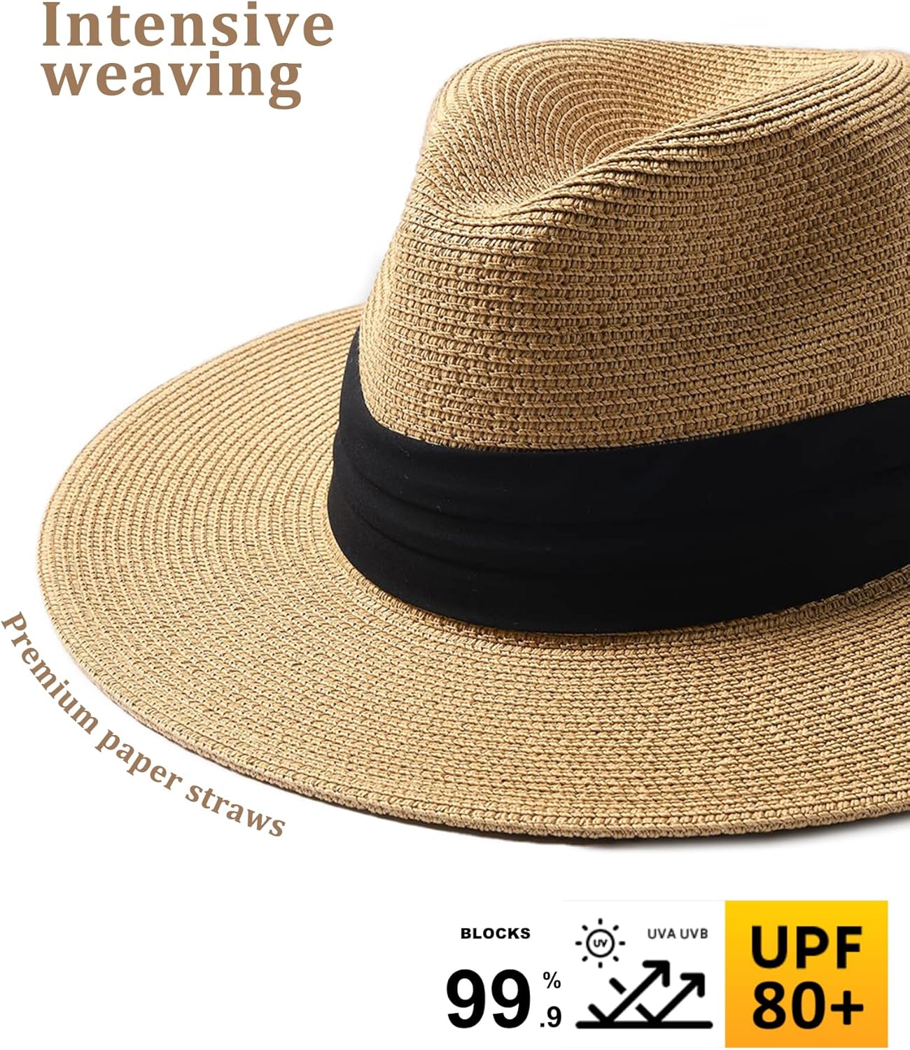 FURTALK Panama Hat Sun Hats for Women Men Wide Brim Fedora Straw Beach Hat UV UPF 80+
