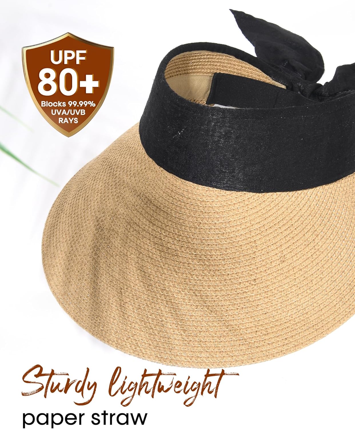 FURTALK Straw Sun Visor Hats for Women Summer Beach Sun Hat Packable UPF 80 Sun Protection Travel Hat with Big Tie