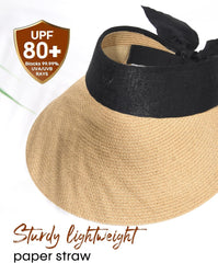 FURTALK Straw Sun Visor Hats for Women Summer Beach Sun Hat Packable UPF 80 Sun Protection Travel Hat with Big Tie