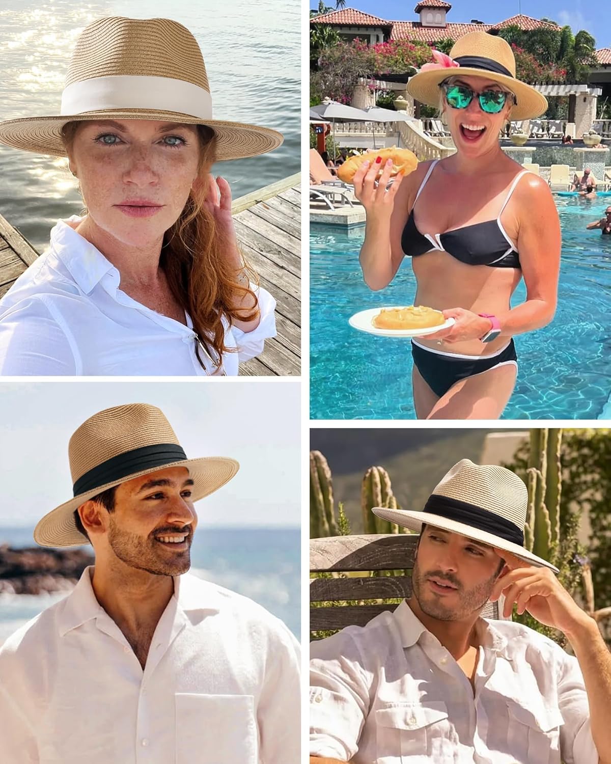 FURTALK Panama Hat Sun Hats for Women Men Wide Brim Fedora Straw Beach Hat UV UPF 80+